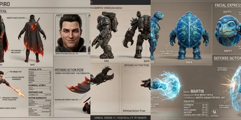 Ultimate 3d Game Character Concept Sheet Generator App | PromptBase