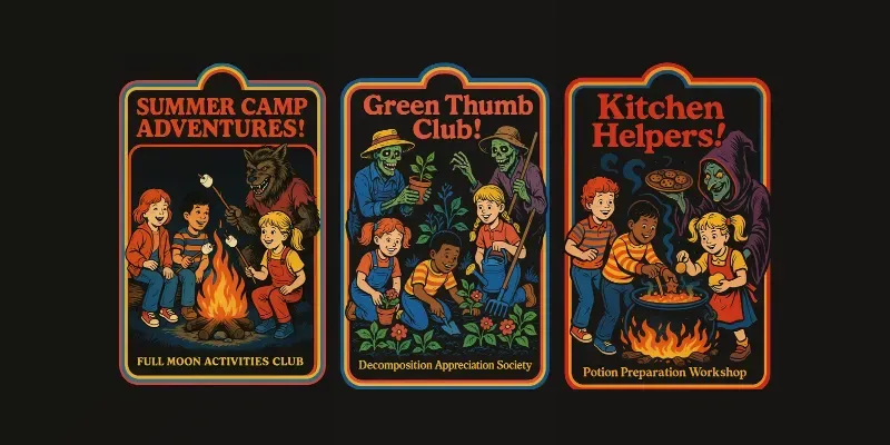 Funny Dark Humor 70s Kids Illustrations ChatGPT Image Prompt