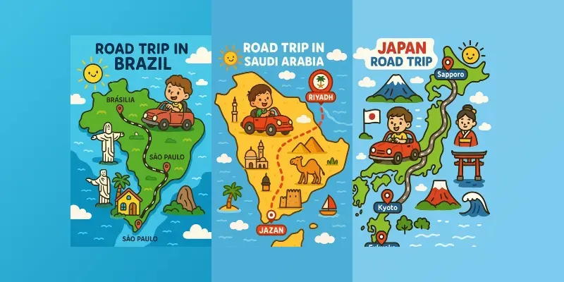 Kids Road Trip Cartoon Map Creator App | PromptBase