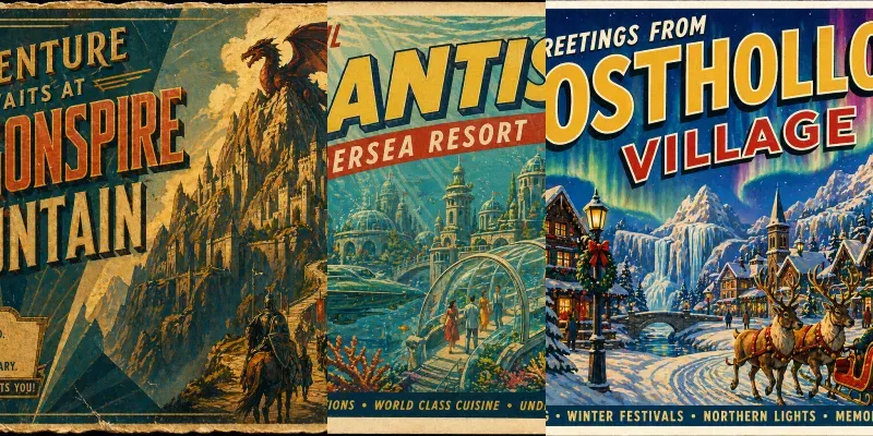 Retro Postcards Fictional Worlds Generator App | PromptBase
