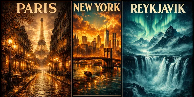 Cinematic City Travel Posters Generator App | PromptBase