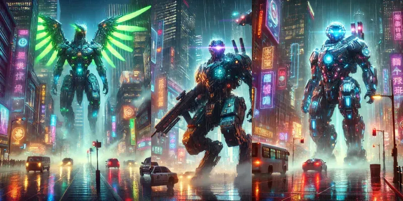 Custom War Mech In Neon Cyberpunk City Generator App | PromptBase