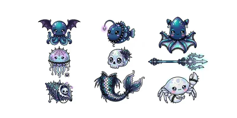 Iridescent Dark Sea Creature Clipart Sets Gemini Image Prompt | PromptBase