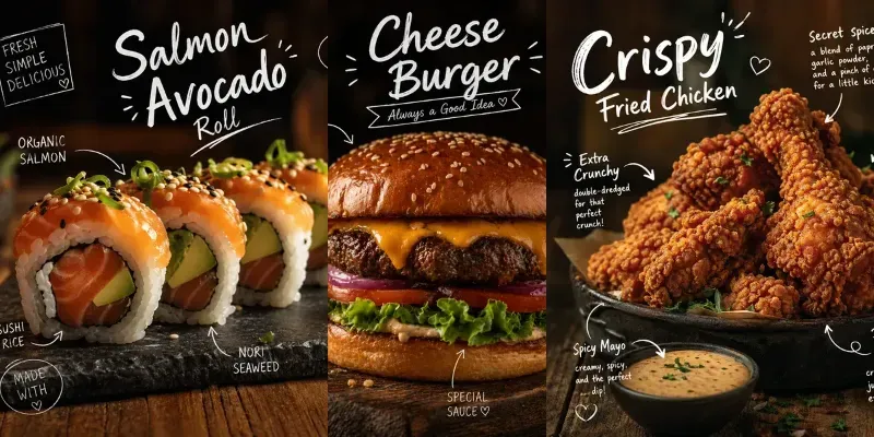 Food Photography Doodle Overlay Posters ChatGPT Image Prompt | PromptBase