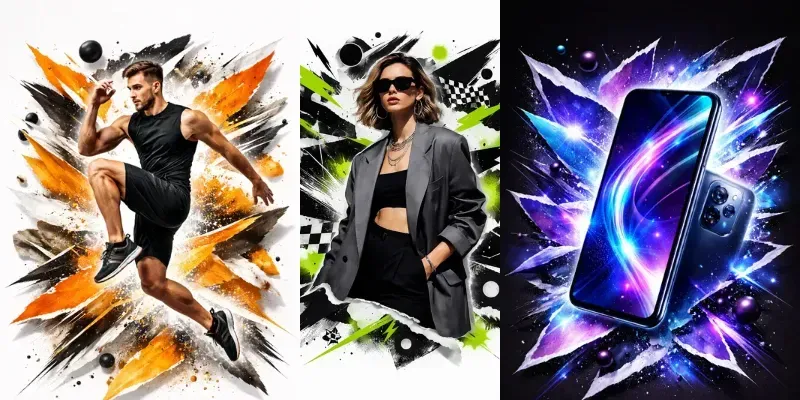 Cutout Collage Explosion Poster Generator App | PromptBase
