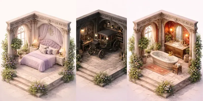 Isometric Renaissance Miniature Rooms Generator App | PromptBase