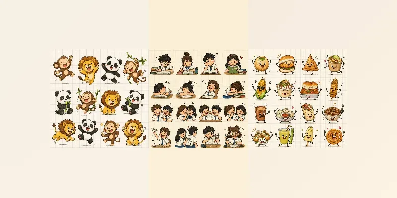 Cute Doodle Character Grid Pack Generator App | PromptBase