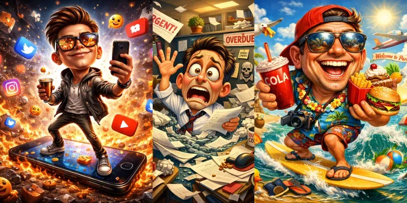 Exaggerated Caricature Scene Generator App | PromptBase