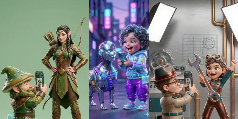 Glossy 3d Character Interaction Generator App | PromptBase