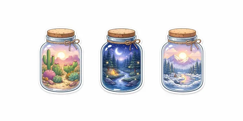 Glass Jar Miniature World Sticker Generator App | PromptBase