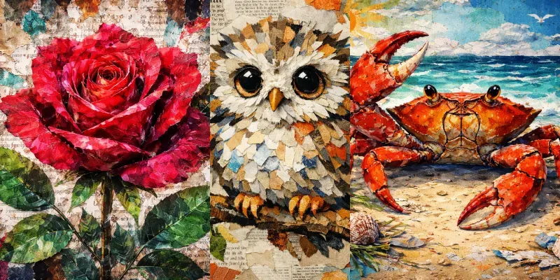 Mixed Media Torn Paper Collage Art Generator App | PromptBase