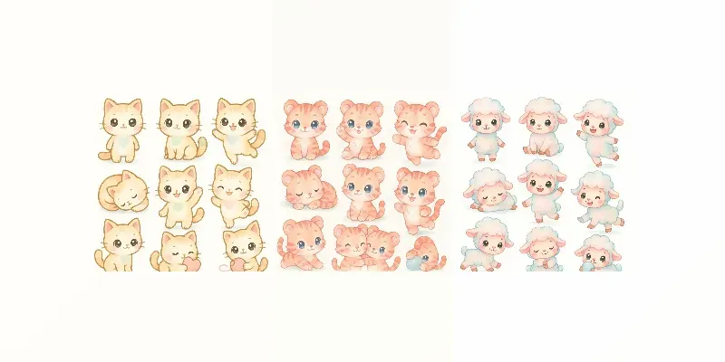 Watercolor Kawaii Characters Nine Poses Generator App | PromptBase