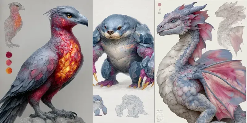 Fantasy Creature Concept Sheets Generator App | PromptBase