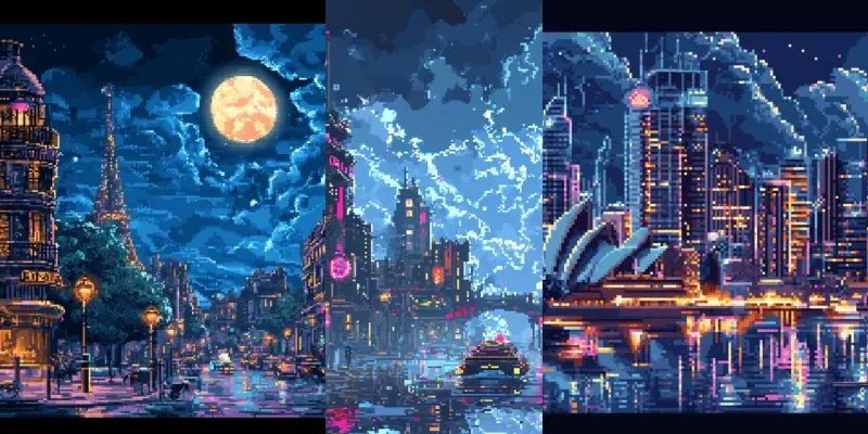 Futuristic Pixel Art City At Night Generator App | PromptBase