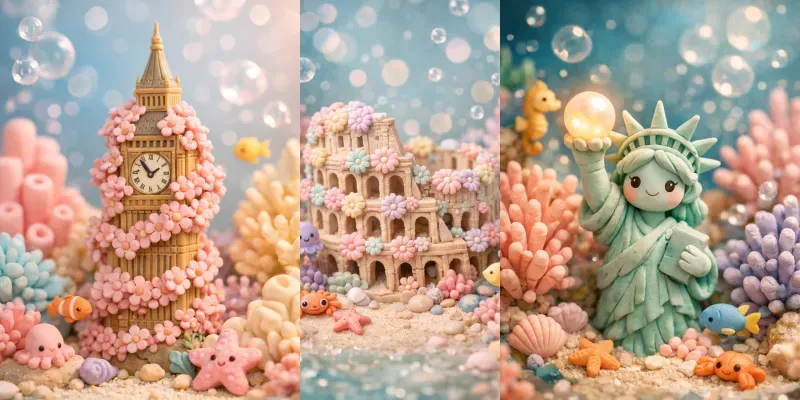 Cute Pastel Underwater Clay Landmarks Generator App | PromptBase